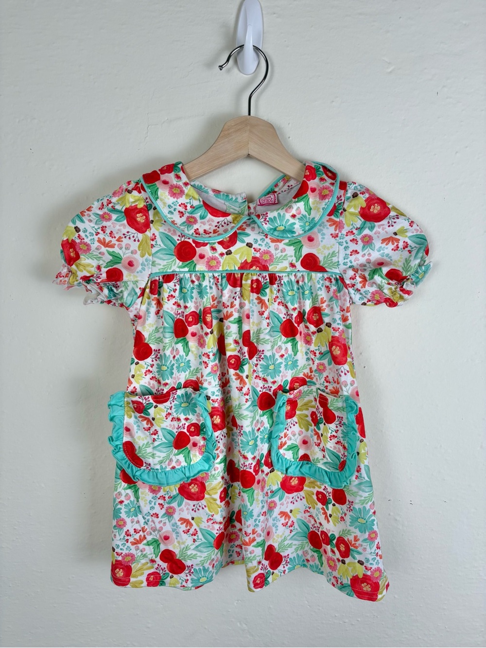 Isla Grace Girls 3T Floral Dress Peter Pan Collar Ruffle Front Pockets Puff Slee